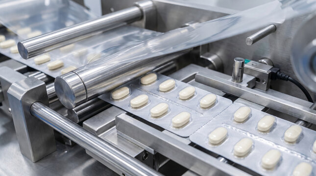 Pill blister packing machine production line process showing medication tablet manufacturing automated industry efficiency with professional