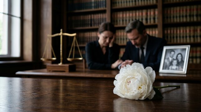 A single white flower rests on a wooden desk near a family photo and scales of justice representing wrongful death.