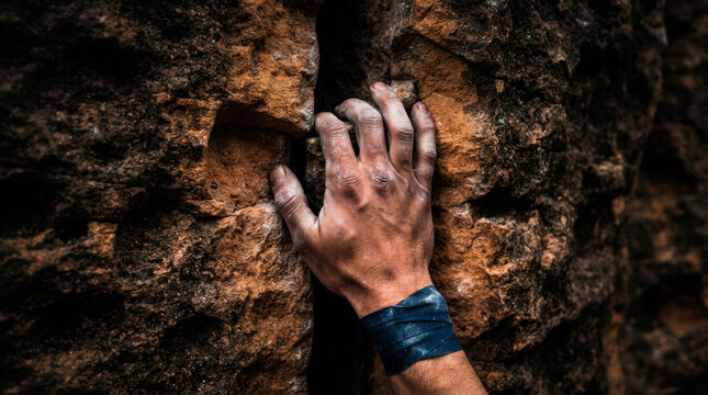 Climber gripping rocky surface with chalked hand in dynamic climbing scene. Focused climber using essential gear, showcasing determination and skill in outdoor rock climbing adventure.