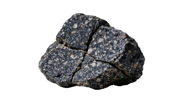 Dark speckled igneous rock with visible cracks, isolated on transparent background