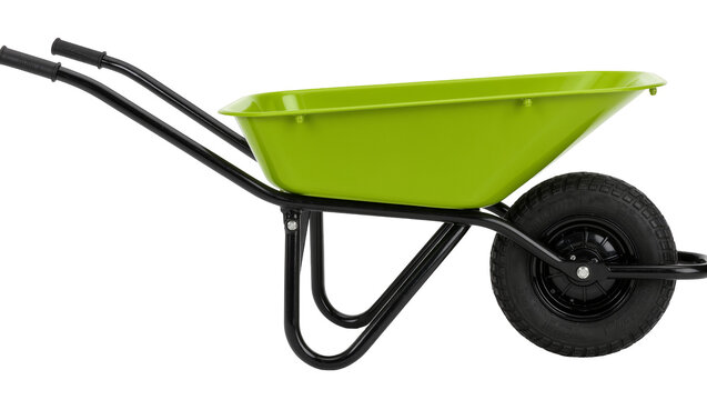 Bright green metal wheelbarrow with black handles and wheel, isolated on transparent background