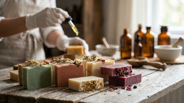 Handmade organic soap bars featuring natural ingredients on a wooden surface.