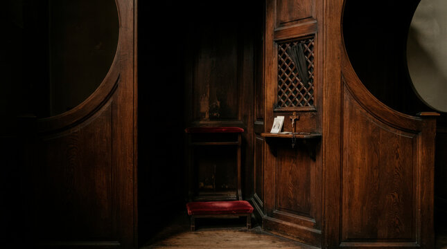 Dark wooden confessional booth with red seat and intricate lattice paneling in church interior. Confessional booth showcases architectural design with warm lighting and rich textures.