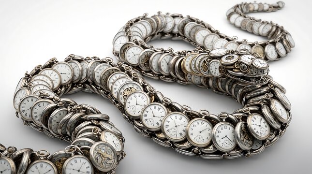 Intricate snake formed from vintage pocket watches and silver chains on a light gray background