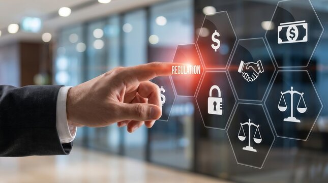 Concept of business ethics and financial disclosure shown by a hand selecting regulation on a digital interface.