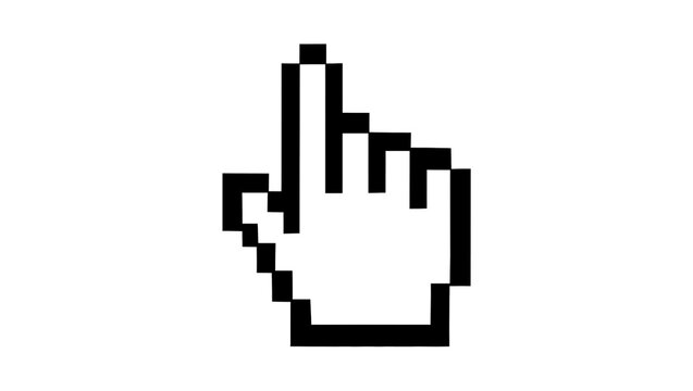 Pixelated black hand cursor pointing upwards, isolated on transparent background