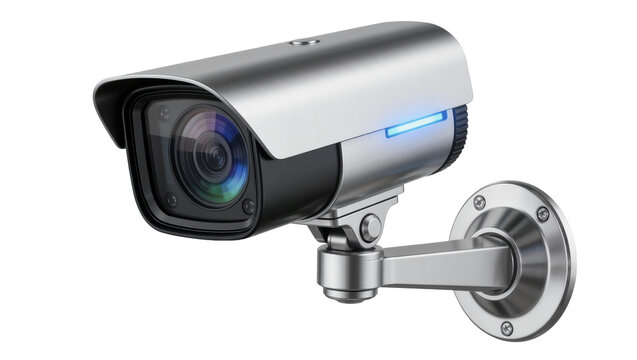 Silver metal surveillance camera with blue indicator light mounted on wall bracket, isolated on transparent background