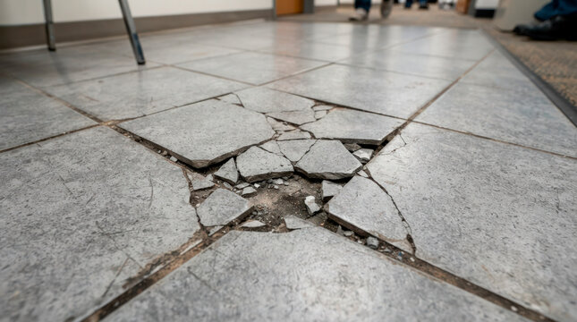 Cracked tiles on floor with visible damage and uneven surface, showcasing broken ceramic pieces and deteriorating condition. Cracked tiles highlight maintenance issues and can inform renovation needs.