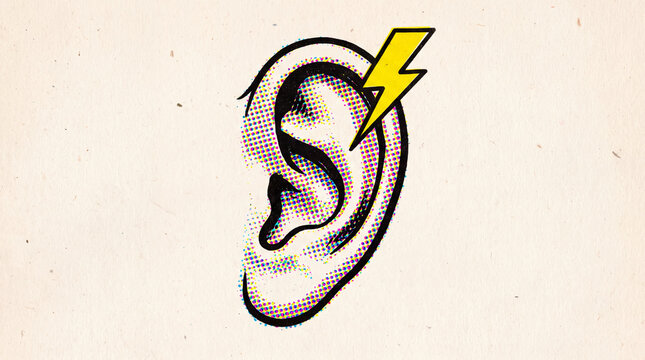 A comic-style illustration of a human ear with a vibrant yellow lightning bolt, symbolizing hearing or sound.