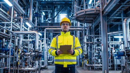 Fototapeta premium Focused professional standing in industrial plant, calm expression, wearing safety gear and hard hat while holding clipboard