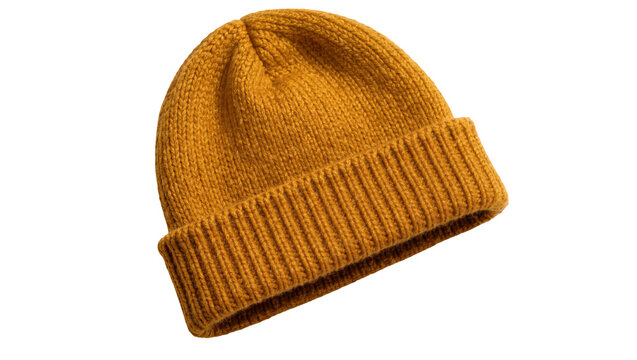 Mustard yellow knitted beanie hat with ribbed cuff, isolated on transparent background
