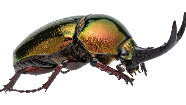 Iridescent green and gold scarab beetle with black horn, isolated on transparent background