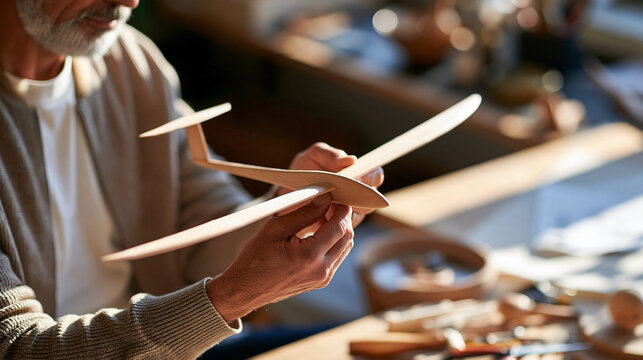 A medium close-up at eye level with moderate depth of field captures a 55-year-old hobby builder holding an assembled balsa model glider at eye level. Both wings extend evenly