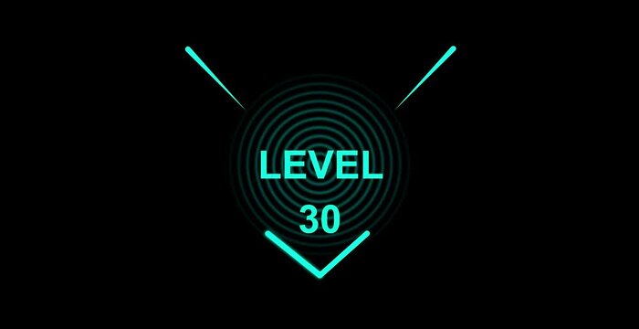 glitch text level 30 animation. text level up with glitch effect on black background.