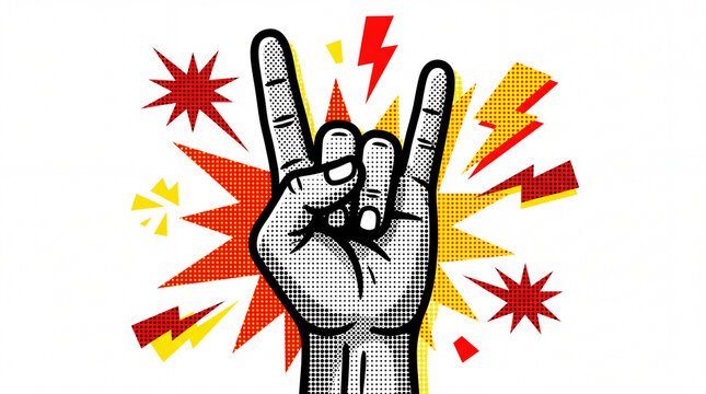 Iconic rock and roll hand gesture in a retro comic book style with colorful, explosive bursts and lightning bolts.