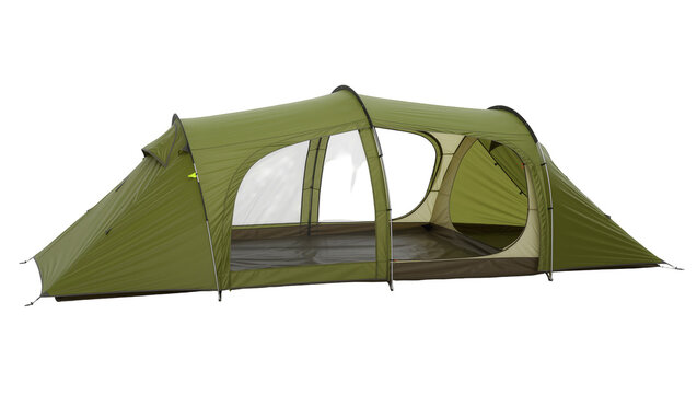 Spacious green family camping tent with clear windows, isolated on transparent background
