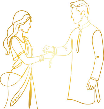 A golden line art illustration shows a woman tying a traditional rakhi bracelet around a man&rsquo;s wrist during the Raksha Bandhan celebration