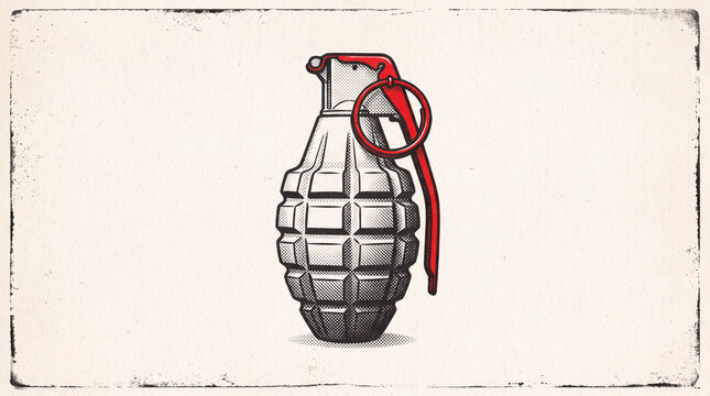 A stylized illustration of a metallic hand grenade with a red pin and lever, set against a textured off-white background with distressed edges.