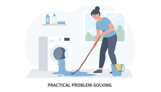 Diligent woman uses a mop to clean up blue water leaking from a broken washing machine in a laundry room as part of practical problem solving.