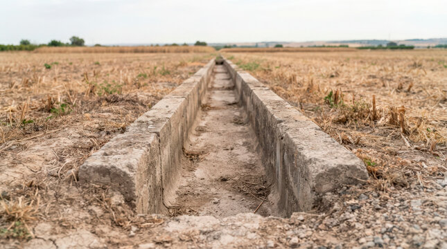 Agricultural irrigation channel in dry field, concrete ditch stretches across landscape. Irrigation channel facilitates water flow for farming crops in parched soil.
