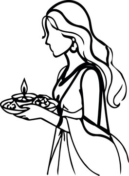 A minimalist black line art illustration shows a woman in traditional Indian attire holding a ceremonial thali with a glowing diya lamp.