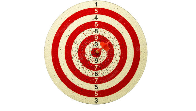 Red and white dartboard with a red dart in the bullseye, isolated on transparent background