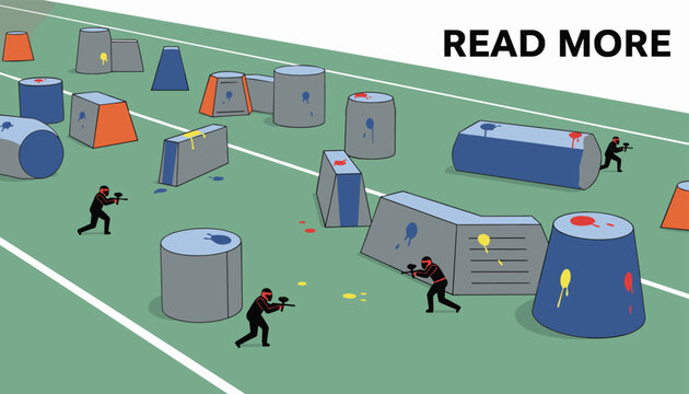 Team of paintball players in protective gear aiming their markers at each other behind various obstacles on a large green outdoor field.