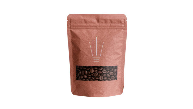 Brown kraft paper pouch with clear window displaying roasted coffee beans, isolated on transparent background