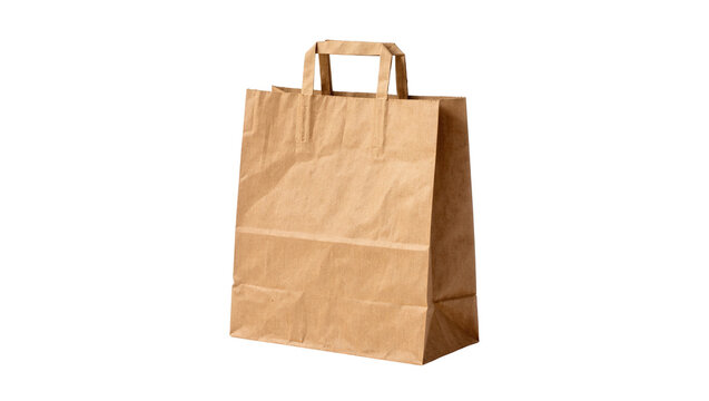 Brown paper shopping bag with handles, isolated on transparent background