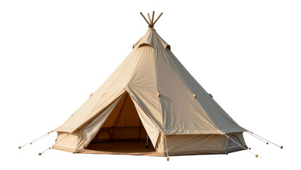 Large beige canvas tipi tent with open entrance, isolated on transparent background © Mia
