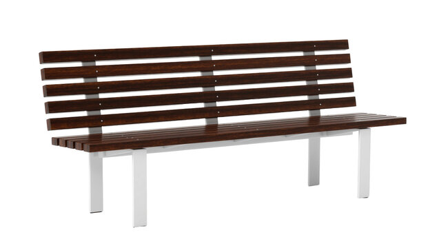 Dark wood slatted park bench with white metal legs, isolated on transparent background