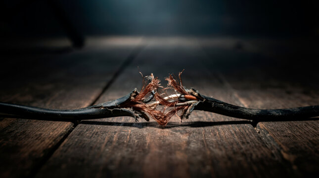 Broken electrical wire with exposed copper on wooden floor, showing damage and wear. Broken cable showcases details of exposed conductors and insulation fraying,