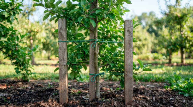 Young tree supported by wooden stakes in garden with healthy foliage all around. Tree standing strong with sturdy support keeps branches upright and encourages growth in well-maintained orchard.