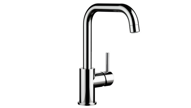 Modern chrome kitchen faucet with single lever handle, isolated on transparent background