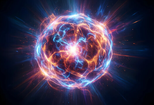 Nuclear fusion and quantum energy, abstract plasma sphere with glowing orange and blue light waves radiating in a dark space for science technology