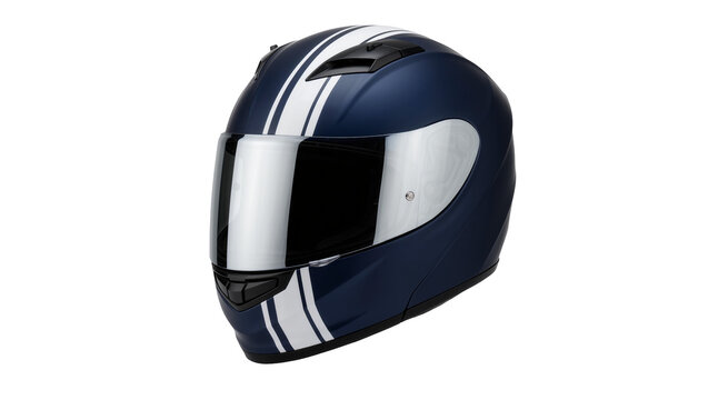 Dark blue full-face motorcycle helmet with white racing stripes, isolated on transparent background