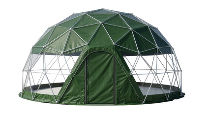 Green geodesic dome tent with metal frame, isolated on transparent background © Mia