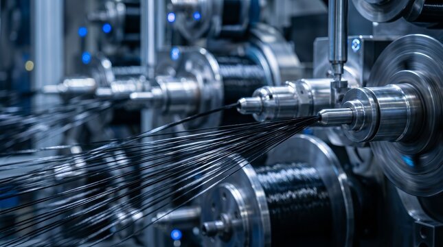 Closeup of various fiber tow sizes being spun during carbon fiber precursor extrusion.
