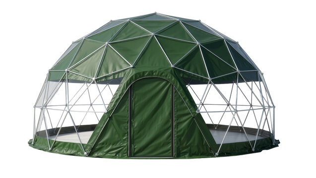 Green geodesic dome tent with metal frame, isolated on transparent background