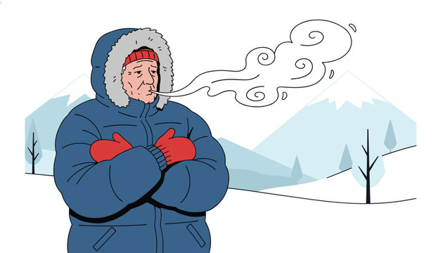 Elderly man in a heavy winter parka and mittens shivers as he exhales visible cold breath in a snowy mountain landscape.