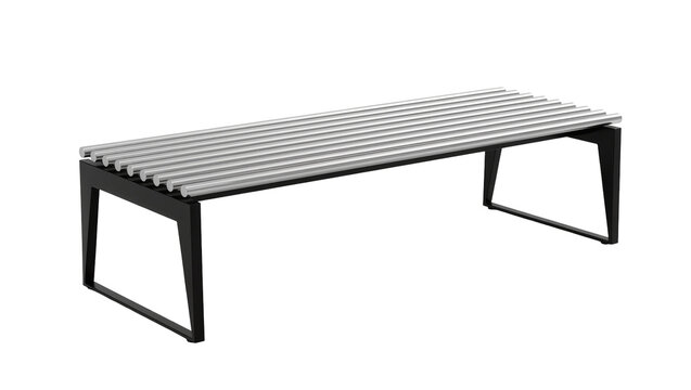 Modern metal bench with ribbed seat and black legs, isolated on transparent background