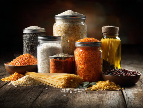 Photorealistic essential grocery donation arrangement featuring rice, flour, pasta, lentils, canned food, cooking oil and fresh vegetables neatly arranged on a clean wooden surface, realistic textures