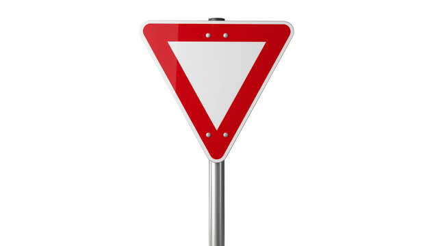 Red and white triangular yield sign on metal pole, isolated on transparent background