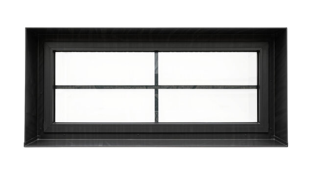 Dark metal framed rectangular window with four panes, isolated on transparent background
