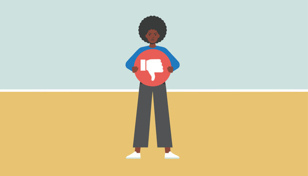 Person of color holding a red circular sign with a white thumbs down icon expressing strong disapproval or negative feedback.