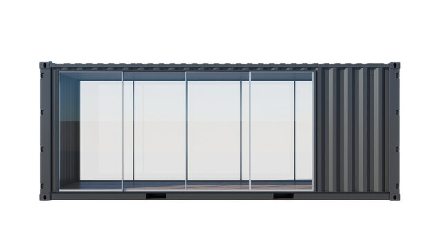 Modern shipping container with large glass windows, isolated on transparent background