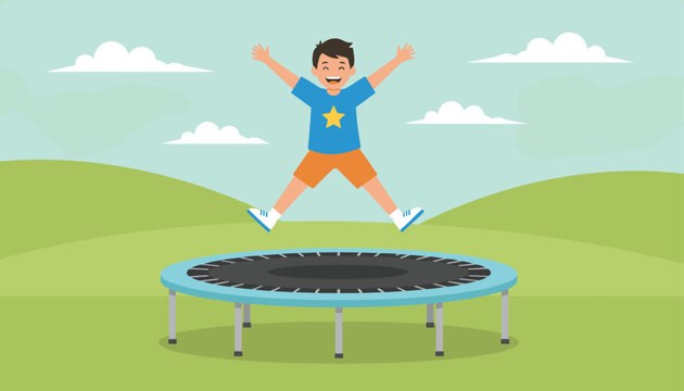 Joyful young boy is jumping high in the air with his arms and legs spread out while playing on a blue trampoline in a green field.