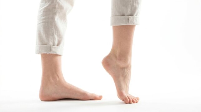 Woman's bare feet with one foot on tiptoes and the other flat on a clean white background, concept of balance and body movement