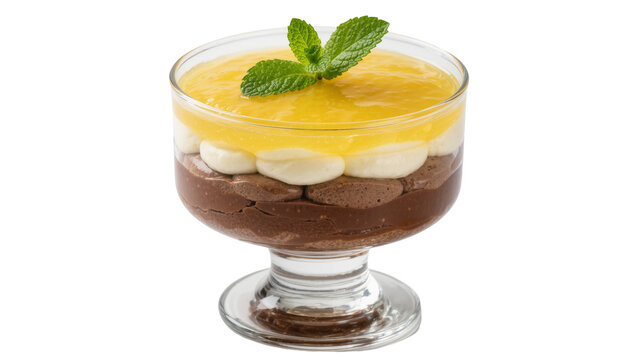Chocolate mousse parfait with banana slices and mango puree garnished with mint leaves, isolated on transparent background