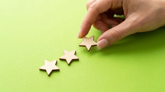Hand selecting wooden stars for an online review representing service performance.